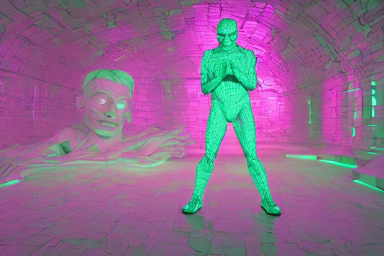 Prompt: full body, alan turing wrestling with agent smith, sculpture by auguste rodin, multicolored glowing tubes, glowing digital eyes, 8 k, front shot, symetrical, flourescent colors, halluzinogenic, multicolored, insanely detailed, 3 d render, octane