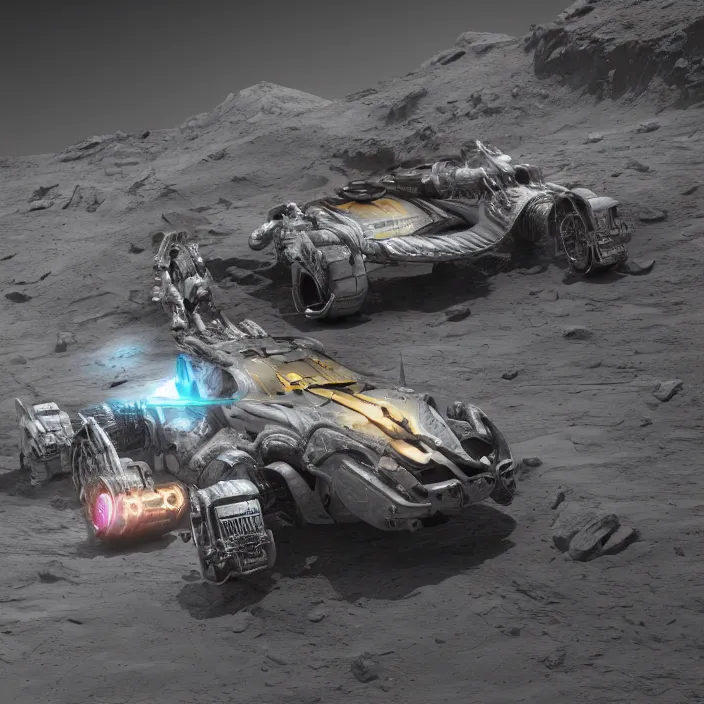 Prompt: a 3 d render of a cyberpunk dragon car on the moon, 8 k, realistic, dynamic, artstation, digital art