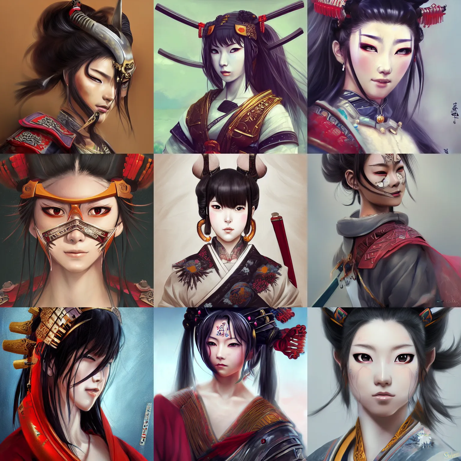 Prompt: A realistic anime portrait of a beautiful samurai woman with a Oni mask wearing samurai armor, digital painting, by Stanley Artgerm Lau, WLOP, and Rossdraws, digtial painting, trending on ArtStation, deviantart