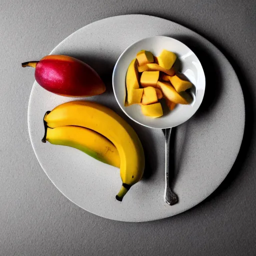 Prompt: beautiful photo of food art of sailing ship made from mango, bananas and apple pieces on a white plate, dslr