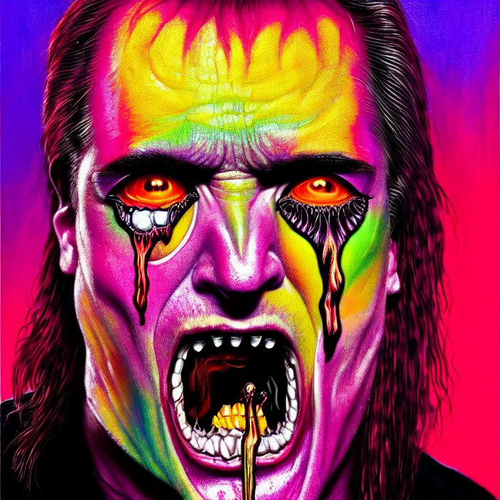 Prompt: bright psychedelic mike patton eating SATAN, DIAMANDA GALAS, brain, ribs, flesh, puke, rotten, screaming, diffuse lighting, fantasy, intricate, elegant, highly detailed, lifelike, photorealistic, digital painting, artstation, illustration, concept art, smooth, sharp focus, art by francis bacon