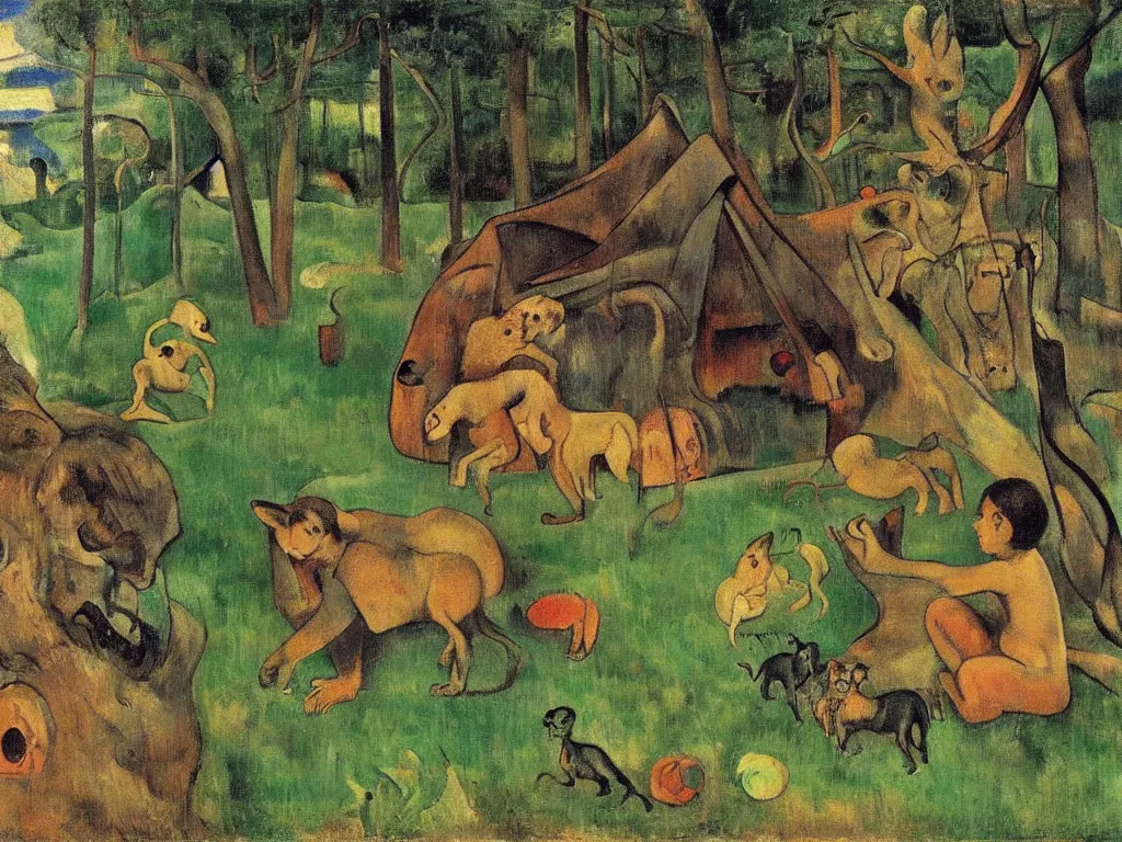 Image similar to an evil 6 - eyed wolf observing a child in the forest playing with a toy next to a hut, by paul gauguin and balthus,