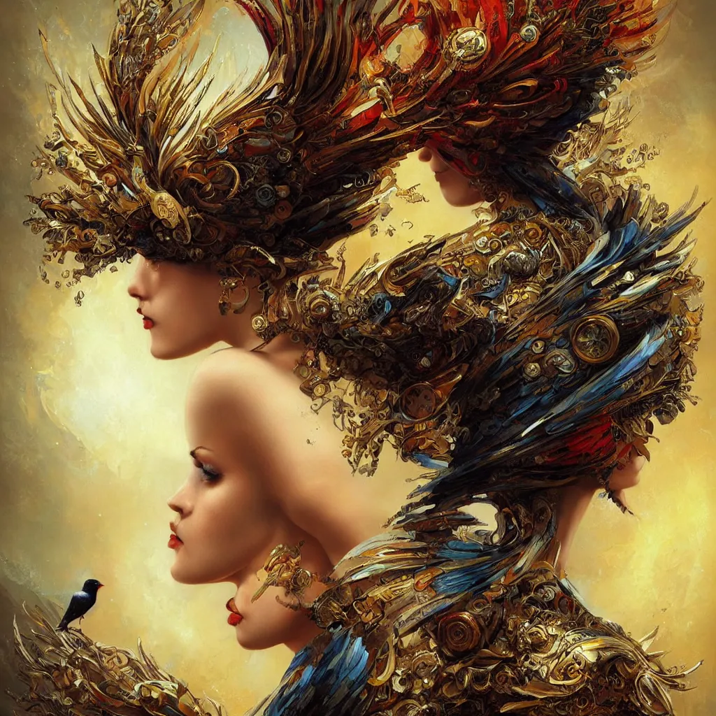 Image similar to a digital painting of a woman with a bird on her shoulder, an album cover by karol bak, featured on cgsociety, fantasy art, apocalypse art, concept art, steampunk