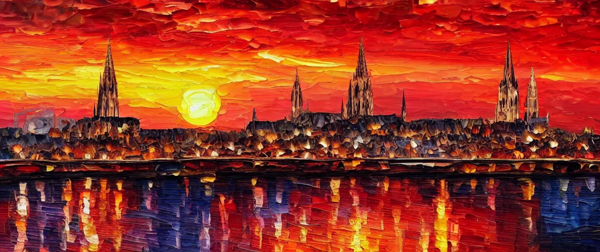 Image similar to burning oil painting of cologne, sunset, red color palette, high details, 4 k