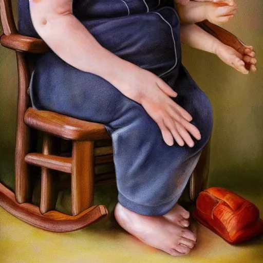 Image similar to hyper-realistic realistic realistic portrait where a very old grandmother appears sitting in a rocking chair. a 3-year-old baby girl appears sitting on the grandmother's leg