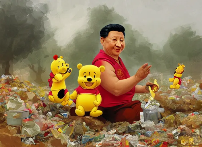 Image similar to portrait of Xi Jinping wearing a Winnie the Pooh onesie in a trashy Chinese dirt poor landfill, hungry, beta weak male, digital painting, concept art, smooth, sharp focus, illustration, from Slumdog Millionaire, by Ruan Jia and Mandy Jurgens and William-Adolphe Bouguereau, Artgerm