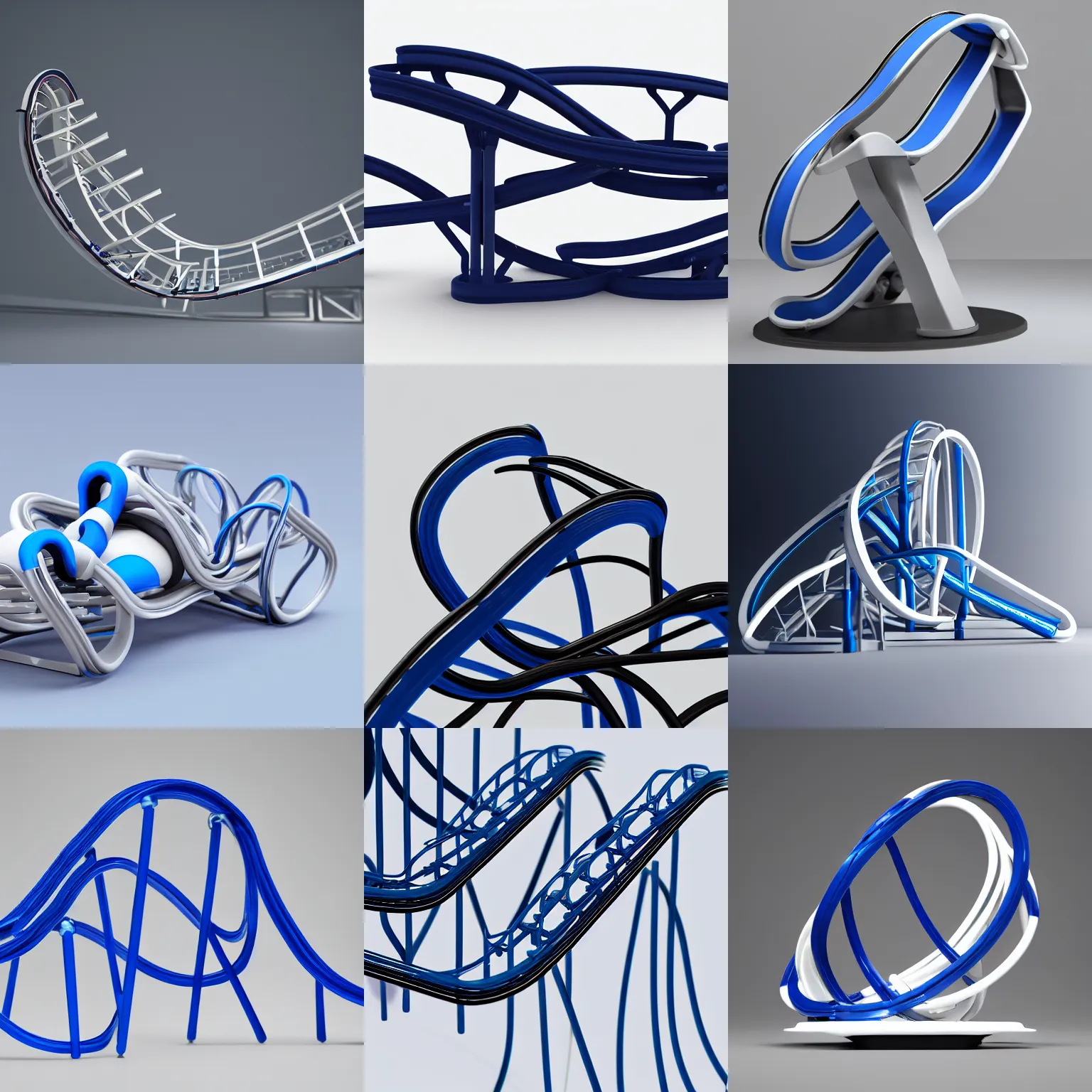 Prompt: ( toy rollercoaster ) designed by apple, studio photo, white backdrop, studio light, solid works, octane render, macro shot, in focus, dept of field, silver, blue, black design