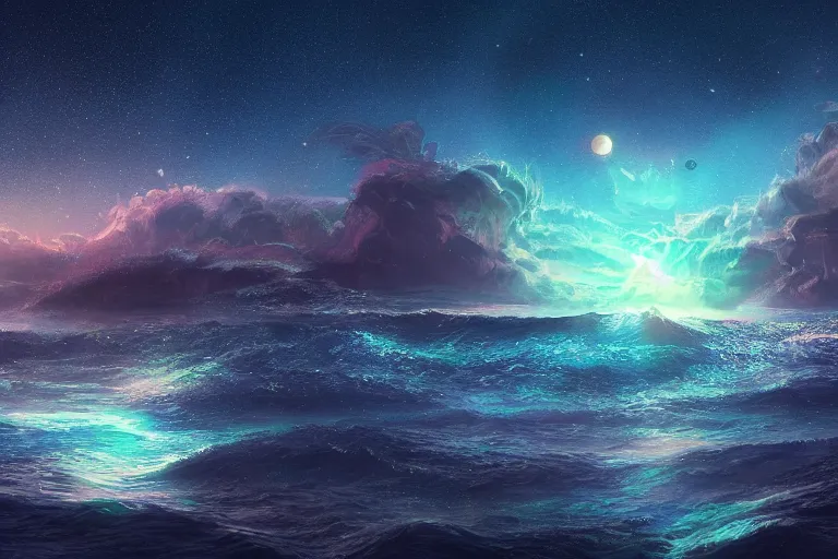 Prompt: glitched fantasy painting, the night sky is an upside down ocean, the stars are fish in the depths, the night sky is a sea, distant nebula are glowing algae, the moon is an anglerfish by jessica rossier