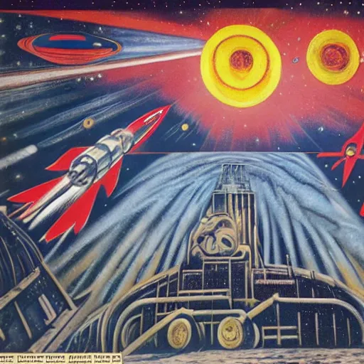 Prompt: rough texture, tempera, rockets, astronauts and space colonies, utopian, by david a. hardy, wpa, public works mural, socialist, propaganda