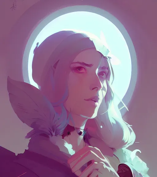 Image similar to portrait of beautiful mage, feathers, by atey ghailan, by greg rutkowski, by greg tocchini, by james gilleard, by joe fenton, by kaethe butcher, dynamic lighting, gradient light blue, brown, blonde cream and white color scheme, grunge aesthetic