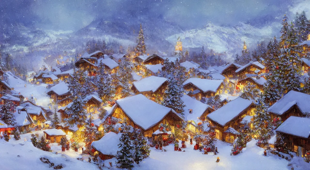 Image similar to A beautiful landscape painting of a small swiss mountain village in the snow at night with Christmas trees and fairy lights by Alfons Maria Mucha and Julie Dillon and Makoto Shinkai