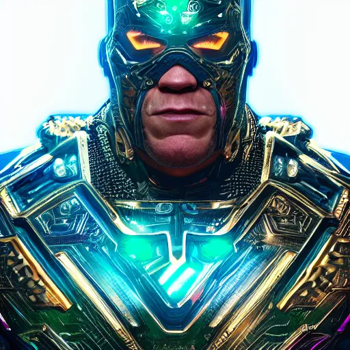 Image similar to John Cena as a superhero, full face, insipiring, detailed intricate ornate , luxurious detail, sci-fi, neon, emeralds, detailed technology full background, highly detailed, artstation, Rene Lalique and Eddie Mendoza