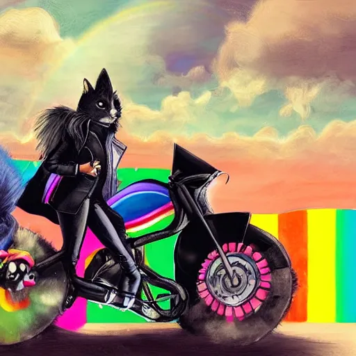 Image similar to wide angle full body, jacket wearing fluffy cute rainbow kitten wearing a black leather motorcycle jacket, riding on a motorcycle, cinematic concept art