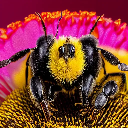 Prompt: an extreme close - up portrait of a bee on a flower, photographic filter, unreal engine 5, realistic, hyperdetailed, 8 k, cinematic, volumetric lighting, very realistic effect, hd, hdr, 4 k, sharp focus, octane render, ultra detailed, high resolution, trending on artstation in the style of albert dros glowing rich colors powerful imagery