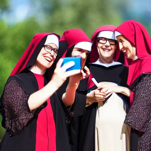 Image similar to group of nuns taking a selfie with a selfiestick, statue of david