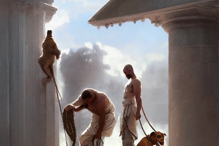 Image similar to a man tied to a pillar and jack russel terrier pissing on him, highly detailed, hyperrealistic digital painting, artstation, concept art, smooth, sharp focus, illustration, cinematic lighting, art by artgerm and greg rutkowski and alphonse mucha