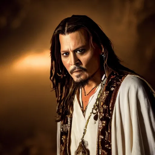 Image similar to stunning awe inspiring johnny depp as the jesus christ, movie still 8 k hdr atmospheric lighting