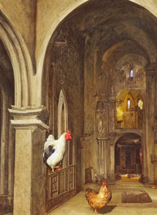 Image similar to a chicken in a roman church, 8 k extremely realistic and highly detailed