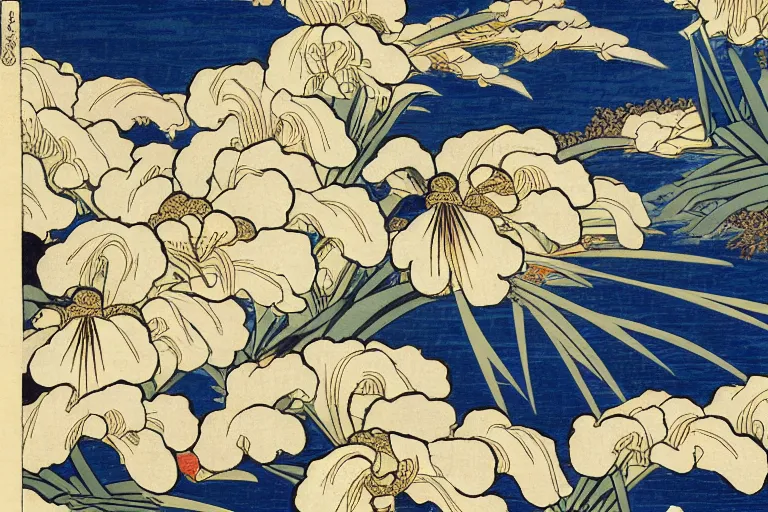 Image similar to a masterful ukiyo - e print of irises by katsushika hokusai, utagawa kuniyoshi and utagawa hiroshige, hyperdetailed, intricate, colorful, illustration, complex, closeup, 4 k