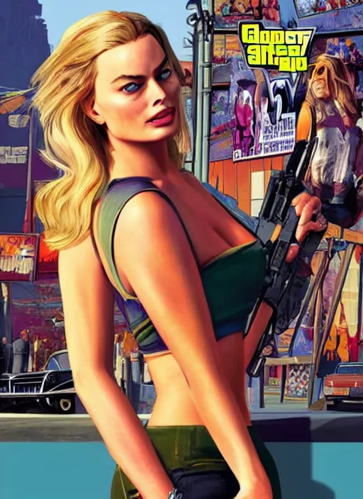 Image similar to margot robbie on gta v game poster, highly detailed