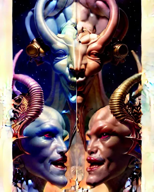 Image similar to beautiful gemini good and evil fantasy character portrait, ultra realistic, wide angle, intricate details, the fifth element artifacts, highly detailed by peter mohrbacher, hajime sorayama, wayne barlowe, boris vallejo, aaron horkey, gaston bussiere, craig mullins