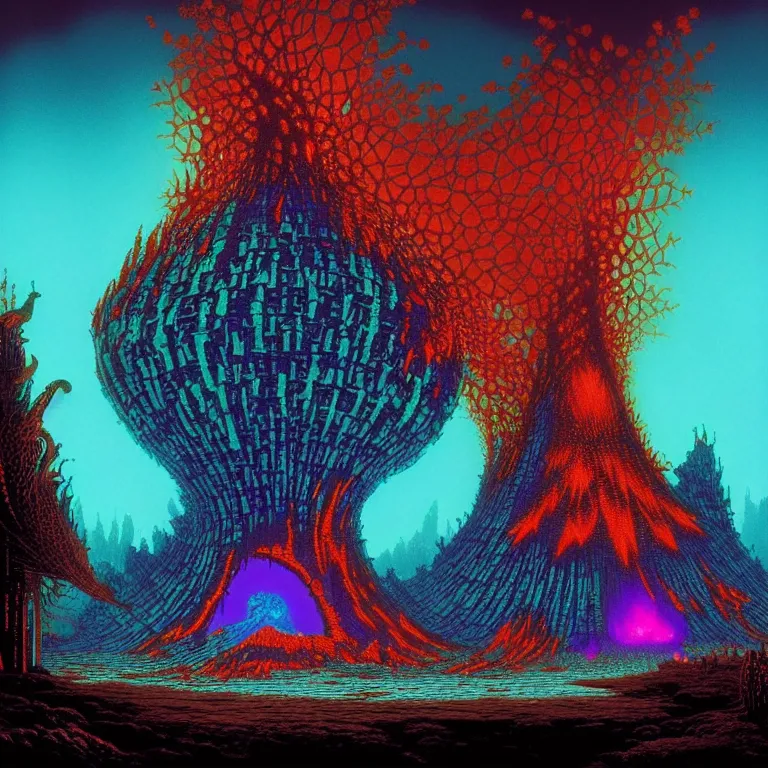 Prompt: the kiln of the first flame from dark souls 3, infinite fractal tesseract, vibrant, synthwave, bright neon colors, highly detailed, cinematic, eyvind earle, tim white, philippe druillet, roger dean, ernst haeckel, lisa frank, aubrey beardsley, kubrick