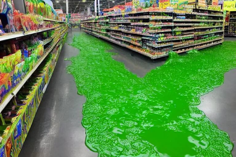 Prompt: rivers of green nickelodeon slime running down the aisles of walmart