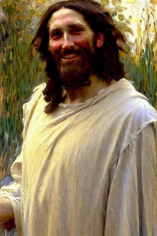 Image similar to impressionist brushstrokes!!!!!!!!! solomon joseph solomon and richard schmid and jeremy lipking victorian loose genre loose painting full length portrait painting of jesus with a slight smile happy inviting