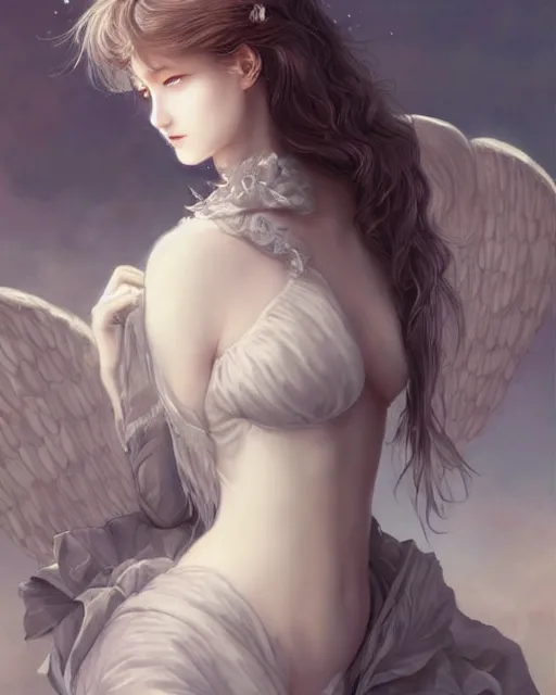 Image similar to an infinitely detailed portrait of a frail and pale female peace angel elegantly. fully - clothed full - body, beautiful! scenery art!! coherent! by wlop & murata, victorian color palette, artstation / pixiv!! highly elegantly armored angel portrait full - body, dreamy art