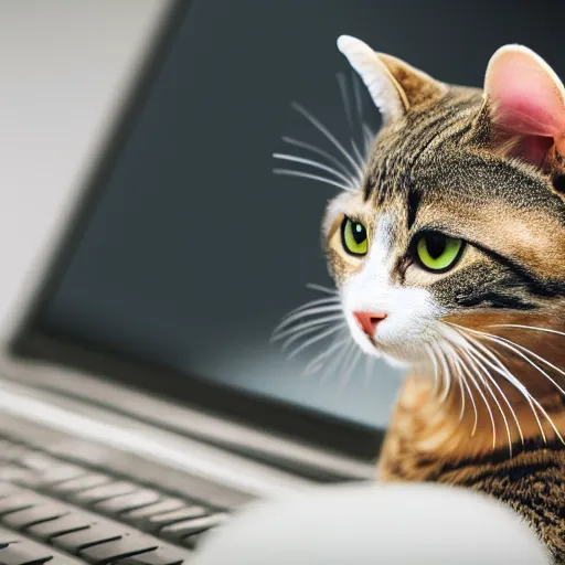 Prompt: photo of an anthropomorphic cat using a computer