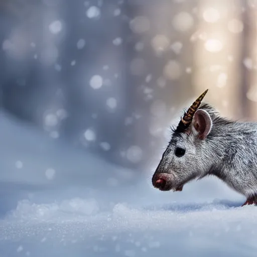 Image similar to unicorn mouse searching for food in the snow, macro shot, soft light of winter, award winning photo, national geographic,