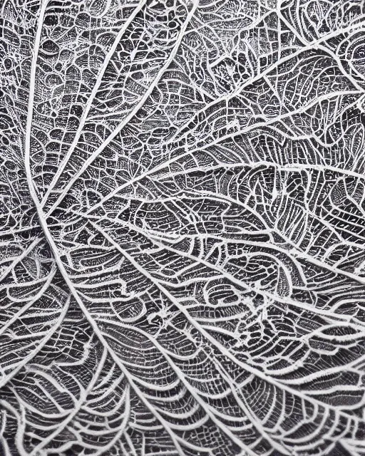 Image similar to close up of a retina, made of intricate decorative lace leaf skeleton, in the style of the dutch masters and gregory crewdson, dark and moody