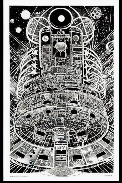 Image similar to a black and white drawing of an ancient future japanese temple international space station, bioluminescence, a detailed mixed media collage by eduardo paolozzi and ernst haeckel, intricate linework, sketchbook psychedelic doodle comic drawing, geometric, deconstructivism, matte drawing, academic art, constructivism