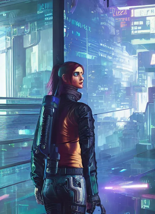 Prompt: Maria. Hacker in tactical gear infiltrating corporate mainframe. Cyberpunk 2077, blade runner 2049, matrix Concept art by James Gurney, greg rutkowski, and Alphonso Mucha. Stylized painting with Vivid color.