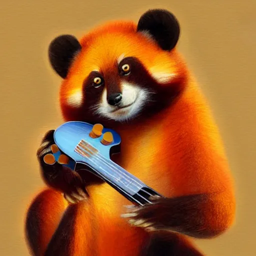 Image similar to cute fluffy Ailurus fulgens playing a ukulele, fully detailed, high quality , 4k , digital art, digital painting, soft light , masterpiece