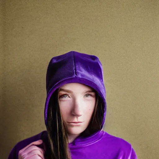 Prompt: portrait of a highschool senior with freckles wearing a violet velour basecap, looking shyly into the camera for a cover of a gay print magazine, f 1. 4, award winning photograph