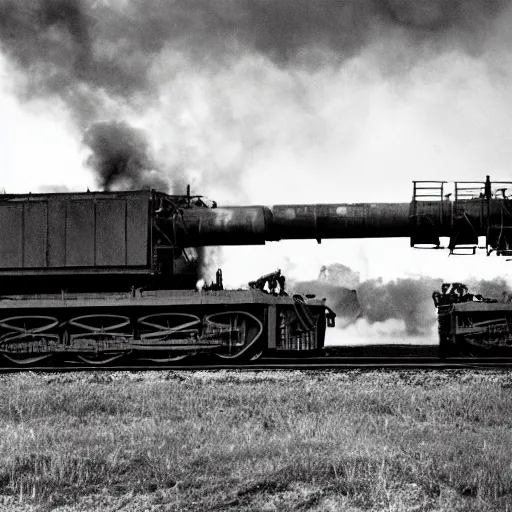 Prompt: A heavily armored war train breaking a steel wall in a battlefield, black and white futuristic photograph