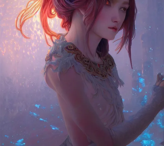 Prompt: beautiful ancient pastel frost witch, fire in eye, snow glow, pool party, highly detailed, digital painting, artstation, sharp focus, illustration, art by tan zi and ayanamikodon and alphonse mucha and wlop
