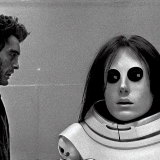 Image similar to a man head and a robot head in a moment of repulsion and jealousy, movie still, by Andrzej Zulawski