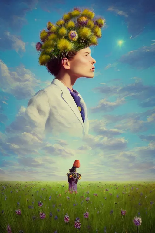 Prompt: portrait, huge thistle flower under head, girl in a suit in a field of flowers, surreal photography, sunrise, blue sky, dramatic light, impressionist painting, digital painting, artstation, simon stalenhag