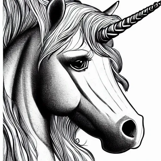 Prompt: clean simple line art of a cute beautiful unicorn. no background. well composed, clean coloring book page. coloring book line art by artgerm and greg rutkowski and johanna basford