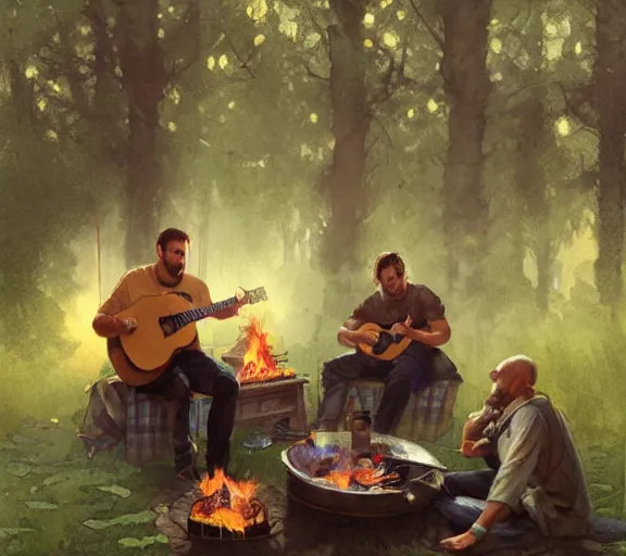 Prompt: three guys talking in the backyard with a barbecue and a bonfire, one guy playing guitar, evening, artstation, concept art, smooth, sharp focus, illustration, art by and greg rutkowski and alphonse mucha