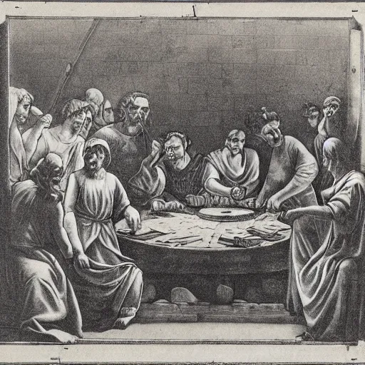 Image similar to A beautiful street art of a group of people standing around a circular table. In the center of the table is a large, open book. The people in the street art are looking at the book with interest and appear to be discussing its contents. Phoenician, nuremberg chronicle by Edward Weston a e s t h e t i c, soothing