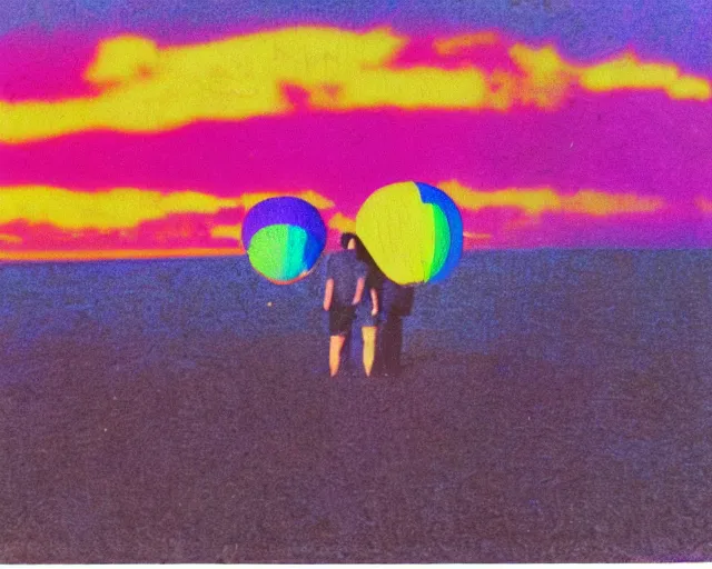 Prompt: a couple walks on the beach, thousands of multicolored hot air balloons floats over the beach at violet and yellow sunset, whimsical and psychedelic art style, 1 9 6 0 s, polaroid photo, grainy, expired film, glitched