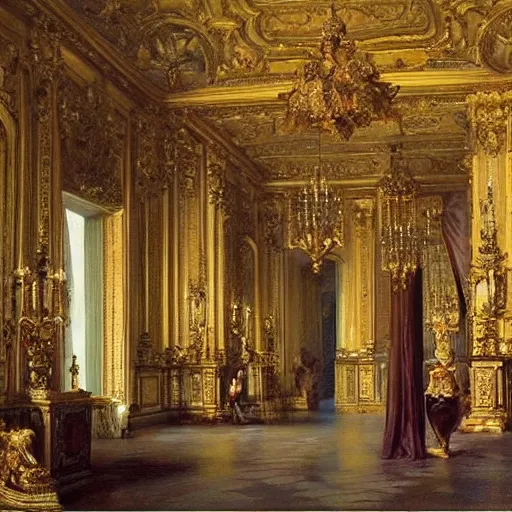 Prompt: fine art, oil on canvas baroque style by louis le nain. the interior of the palace of versailles in france. fine art in the walls and