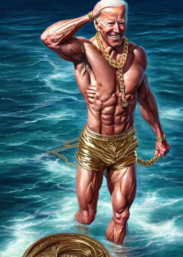 Prompt: super muscular joe biden wearing cycling shorts and gold chains walking on water, elegant, real life skin, intricate, high detailed, artstation, concept art, smooth, sharp focus, art by artgerm and greg rutkowski