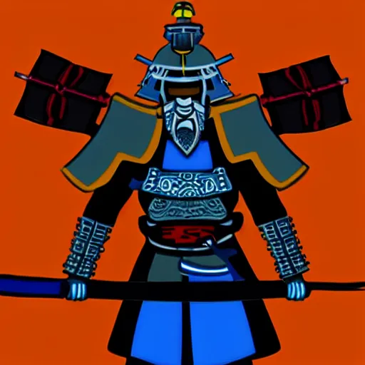 Image similar to a samurai with a black armour with glowing blue edges and a fire sword.