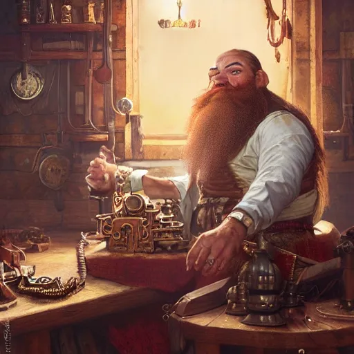 Image similar to Dwarven merchant with a long red flowing beard with Steampunk accessories, 4k oil on linen by wlop, artgerm, andrei riabovitchev, nuri iyem, james gurney, james jean, greg rutkowski, highly detailed, soft lighting 8k resolution