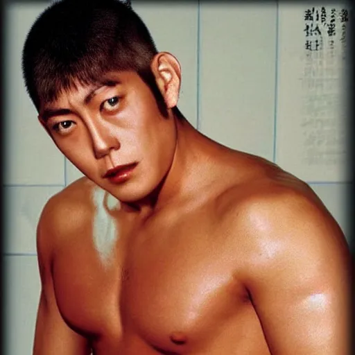 Image similar to Eikichi Onizuka very muscular without t-shirt