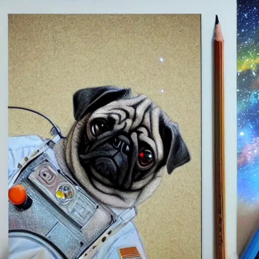 Image similar to gif, high - resolution, pencil art, colorized, extra - detailed, pug astronaut, opening door, in space that leads into the universe